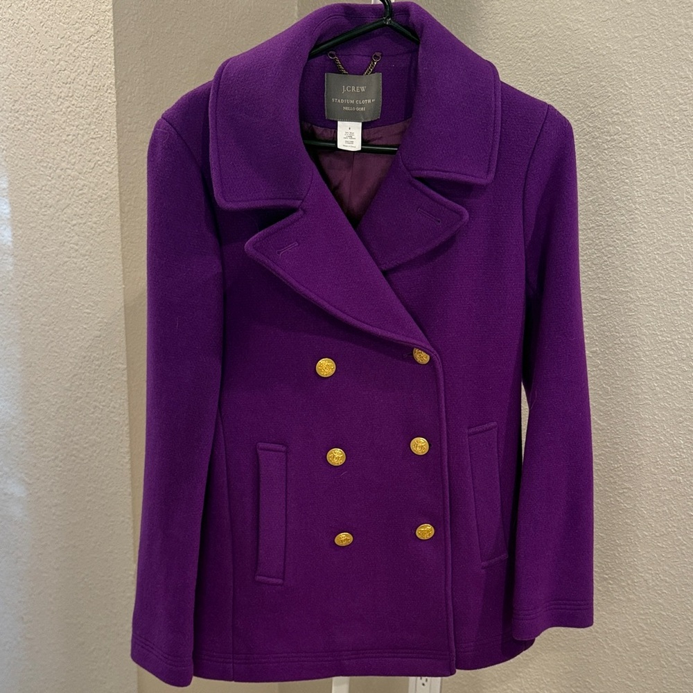 J. Crew Women's Vibrant Purple Peacoat with Gold Buttons